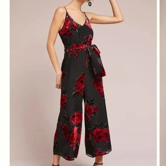 Anthropologie Pants - ANTHROPOLOGIE ETT:TWA If By Sea Burnout Roses Velvet Jumpsuit Red/Black Sz M EUC
